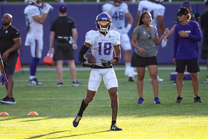 Aug 3, 2023; Eagan, MN, USA; Minnesota Vikings wide receiver Justin Jefferson (18) during training camp at TCO Stadium.